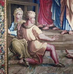 Wandteppich, der die Taten der Apostel darstellt, der Tod des Ananias (Detail)